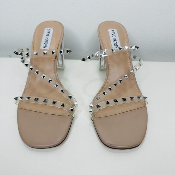 Steve Madden Nude Lucite Tangent Cone Heel Clear Silver Studded Strappy Sandal 9 - Picture 3 of 16